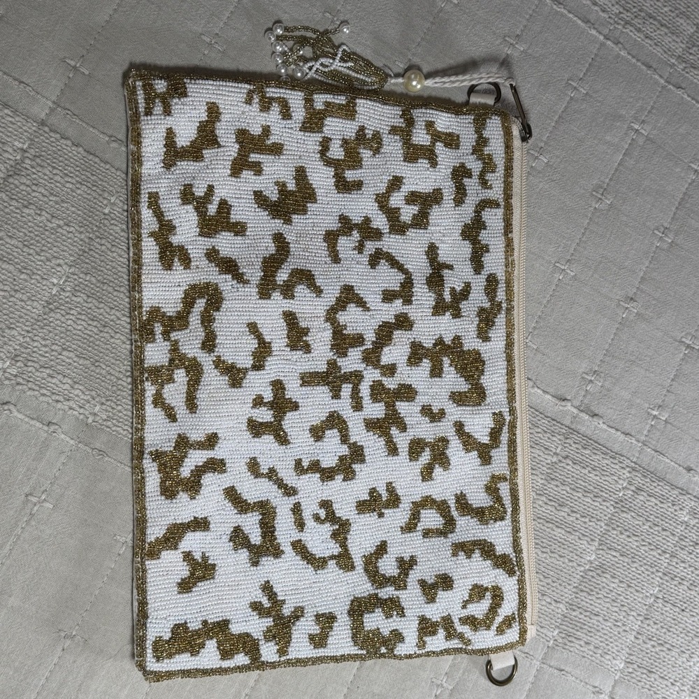 White & Gold Leopard Zipper Pouch Bag Linen‎ Floral Seed Bead 11x8